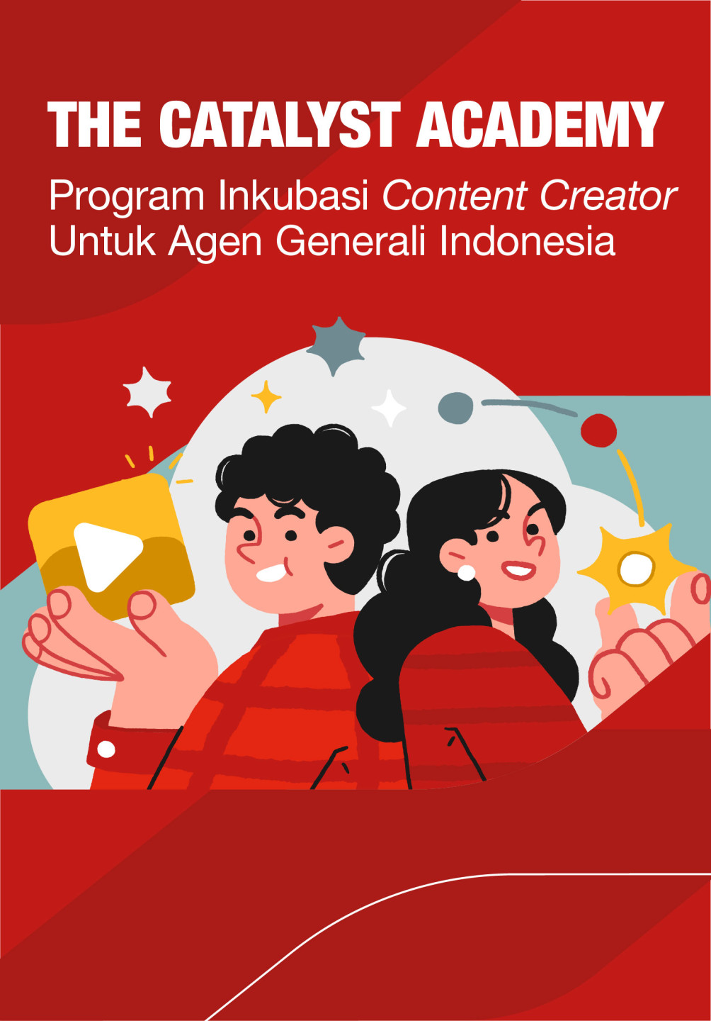 Ilustrasi dua orang karakter yang bersemangat dengan ikon konten digital, menggambarkan Program Inkubasi Content Creator dari The Catalyst Academy untuk agen Asuransi Generali Indonesia.