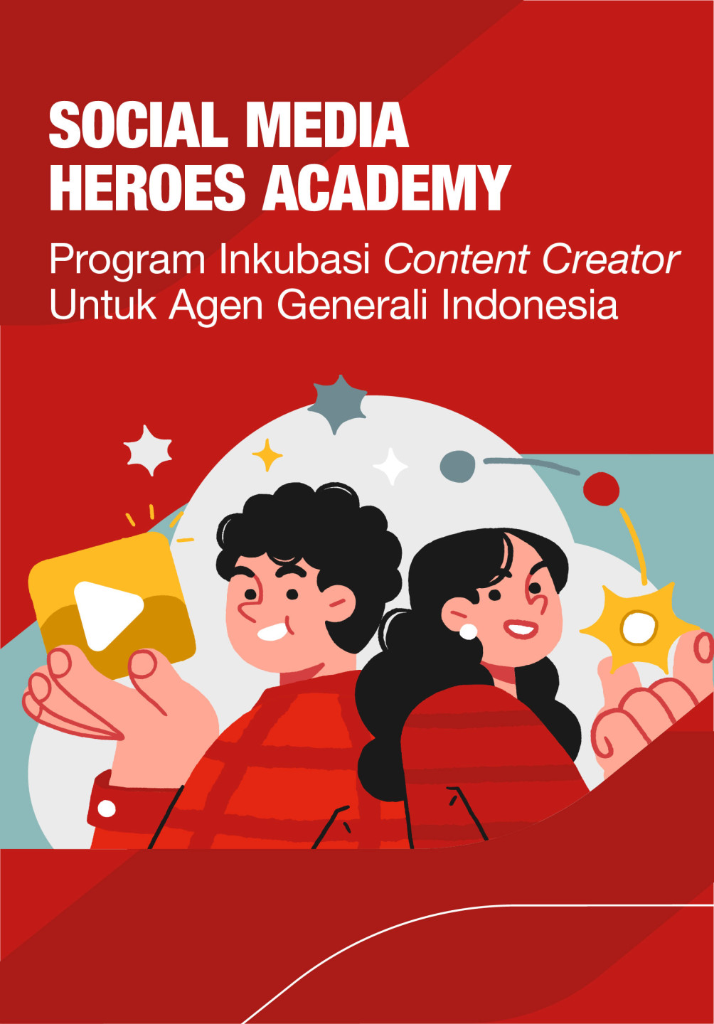 Ilustrasi dua orang karakter yang bersemangat dengan ikon konten digital, menggambarkan Program Inkubasi Content Creator dari Social Media Heroes Academy untuk agen Asuransi Generali Indonesia.